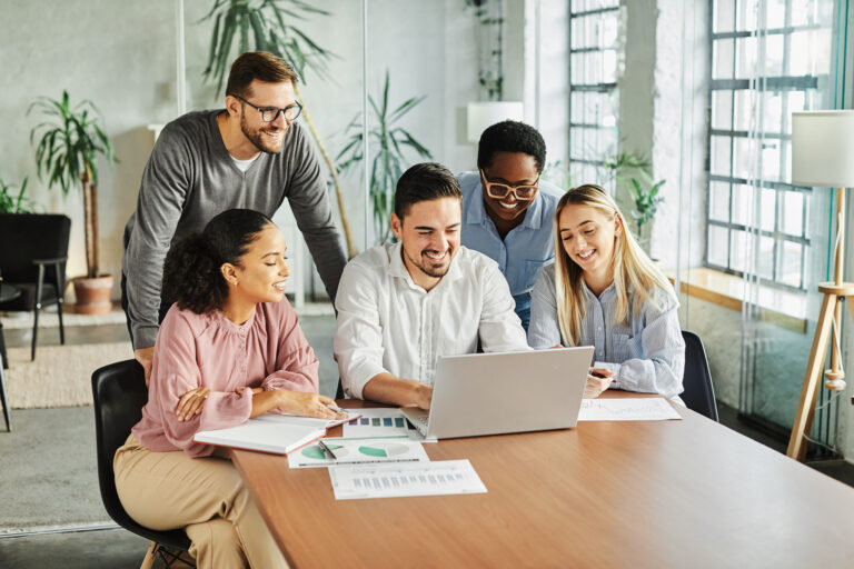 young business people meeting office teamwork group laptop presentation seminar businesswoman startup creative training businessman leader student education teaching coach brainstorming computer technology